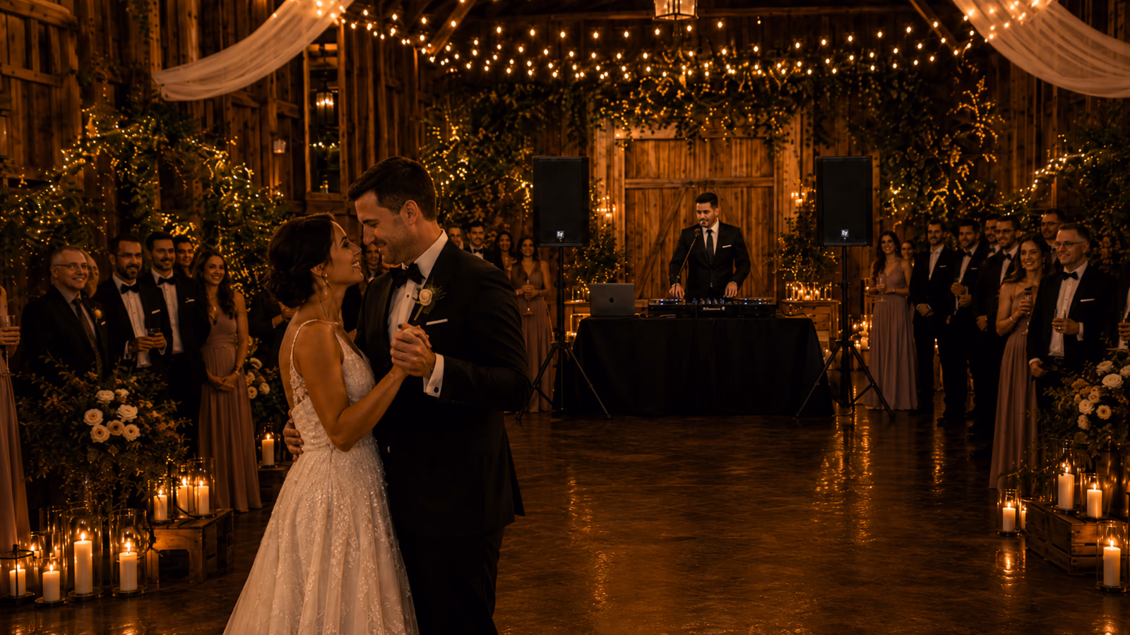 Full day wedding DJ setup with first dance and evening reception sound