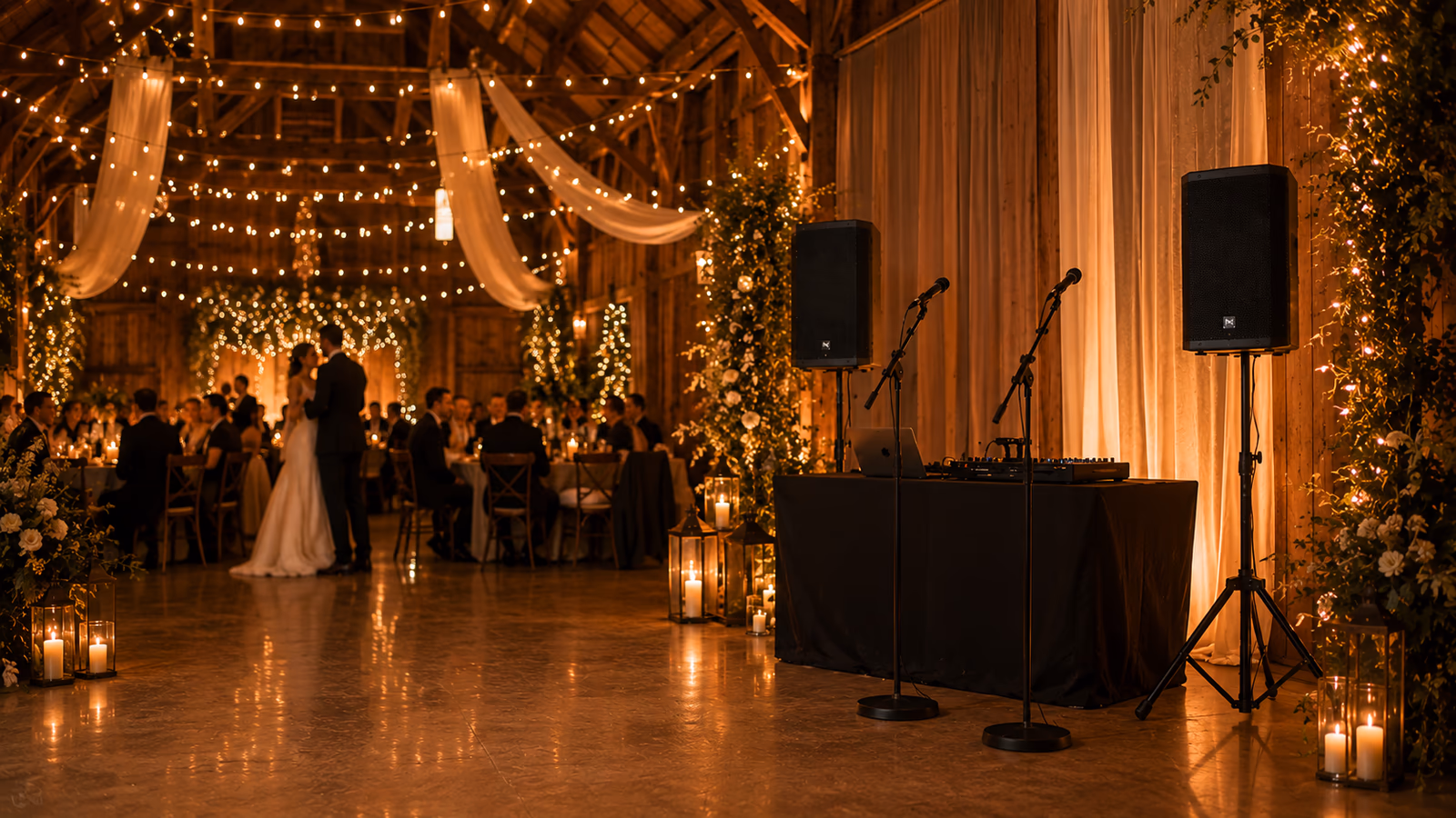 Two-speaker PA setup for a wedding playlist reception