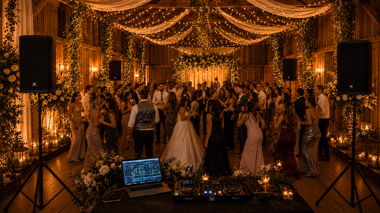 Four-speaker party sound setup for larger wedding receptions